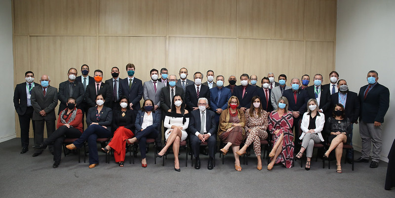 Presidentes e representantes de 26 CRMVs e do CFMV posam de máscara para foto. Primeira fila todos sentados e a segunda fila atrás e de pé.