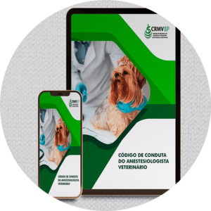 Capas do código de conduta do anestesiologista veterinário, com a imagem de um cachorro e um médico-veterinário, está disposta em um celular e um tablet
