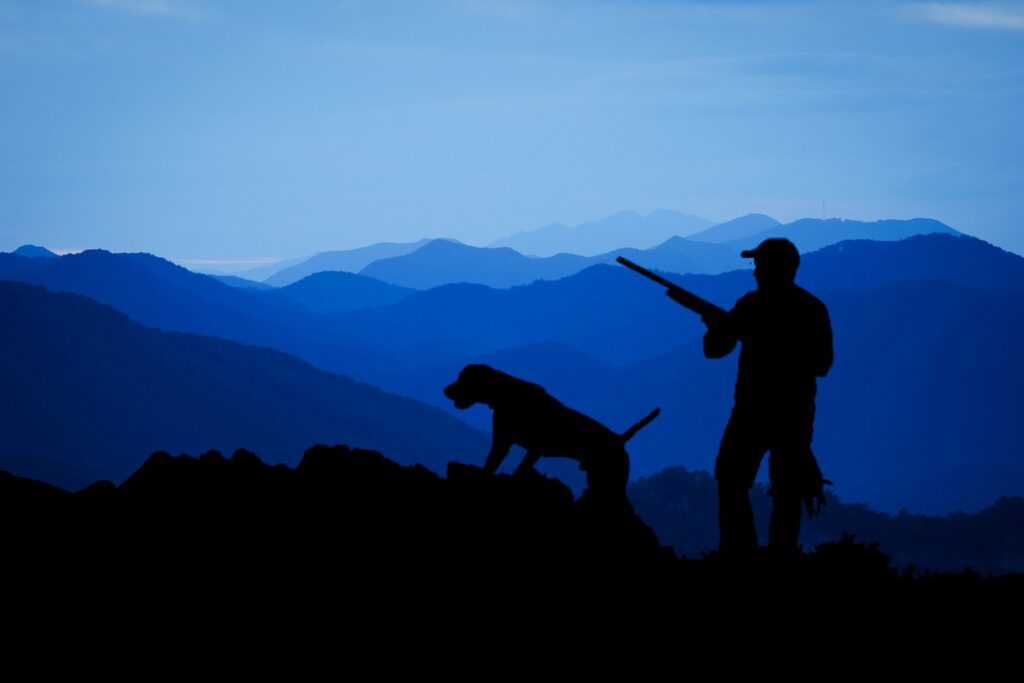 A imagem traz a sombra de um caçador com uma arma nas mãos e um cão em uma paisagem natural de campo e montanhas. Há diferentes tons e sobretons de azul compondo a cena.