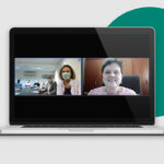 Na arte há um notebook em que aparece na tela lado a lado a imagem da presidente da Comissão de Saúde Pública do CRMV-SP na sala de reunião presencialmente com os demais integrantes do grupo e o presidente do CRMV-SP, e a imagem de uma das integrantes da Comissão que participou de forma remota. Um detalhe redondo em verde também compõe a arte.