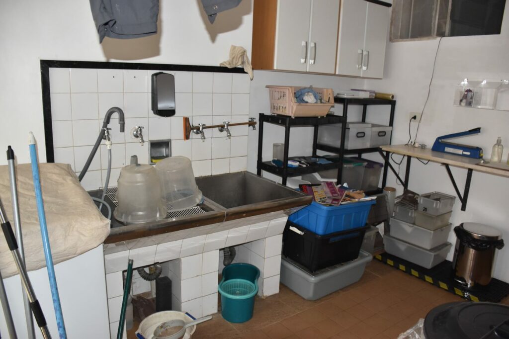 Lavanderia de um residência, com dois tanques, diversos baldes, máquina de lavar, cabos de vassoura, caixas, armários, roupas, e uma bancada