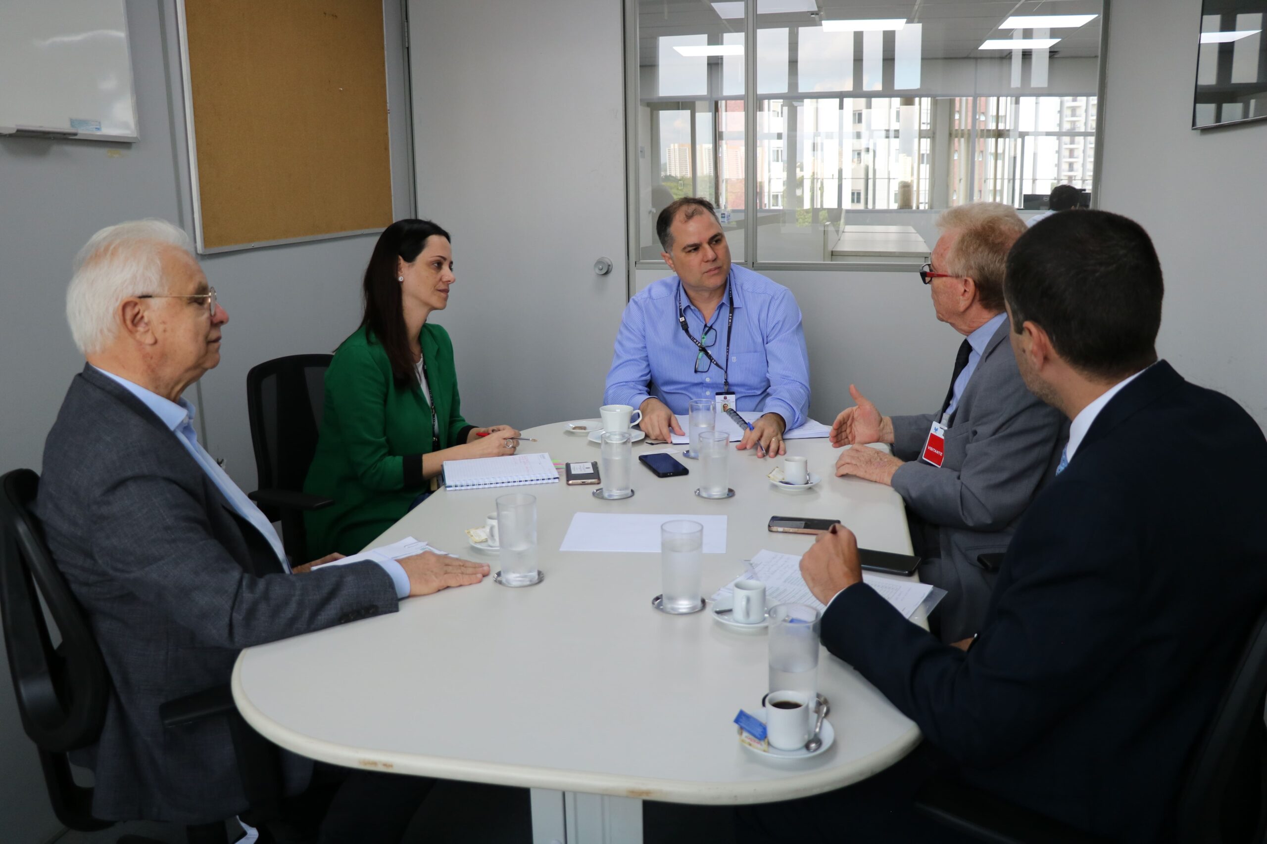 Na imagem há cinco pessoas reunidas ao entorno de uma mesa oval branca, sendo quatro homens e uma mulher. São os representantes do CRMV-SP reunidos com o subsecretário estadual de Meio Ambiente (que está na cabeceira da mesa) e a coordenadora de Fauna Silvestre.