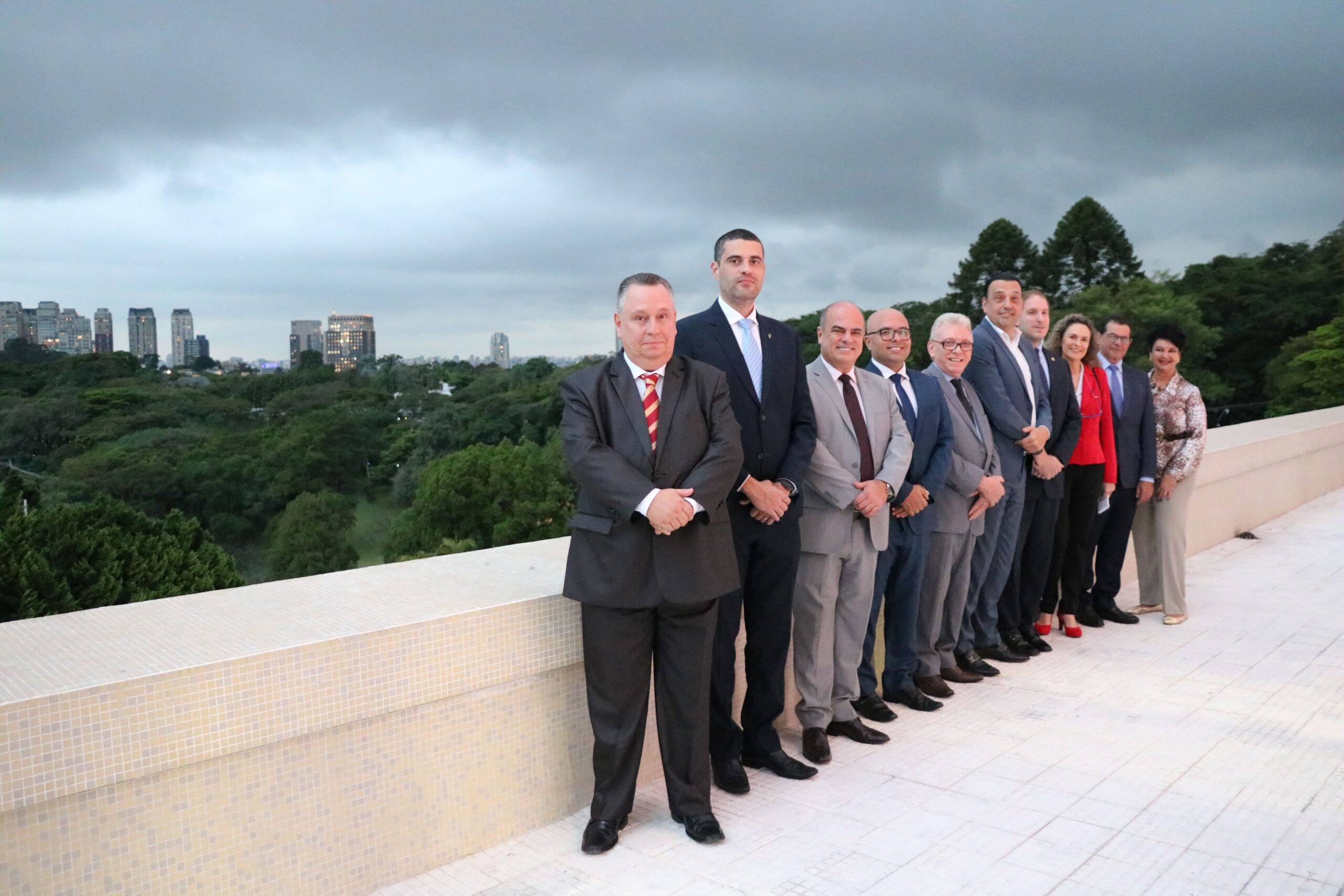 Na imagem estão nove representantes do CRMV-SP, sendo duas mulheres e sete homens, e o vice-governador de São Paulo. Estão todos de pé, lado a lado, e sorriem para a câmera. A foto foi feita de forma lateralizada, por isso, ao lado esquerdo dá para ver o céu nublado e a cidade de São Paulo. Eles estão na varanda da sala do vice-governador.