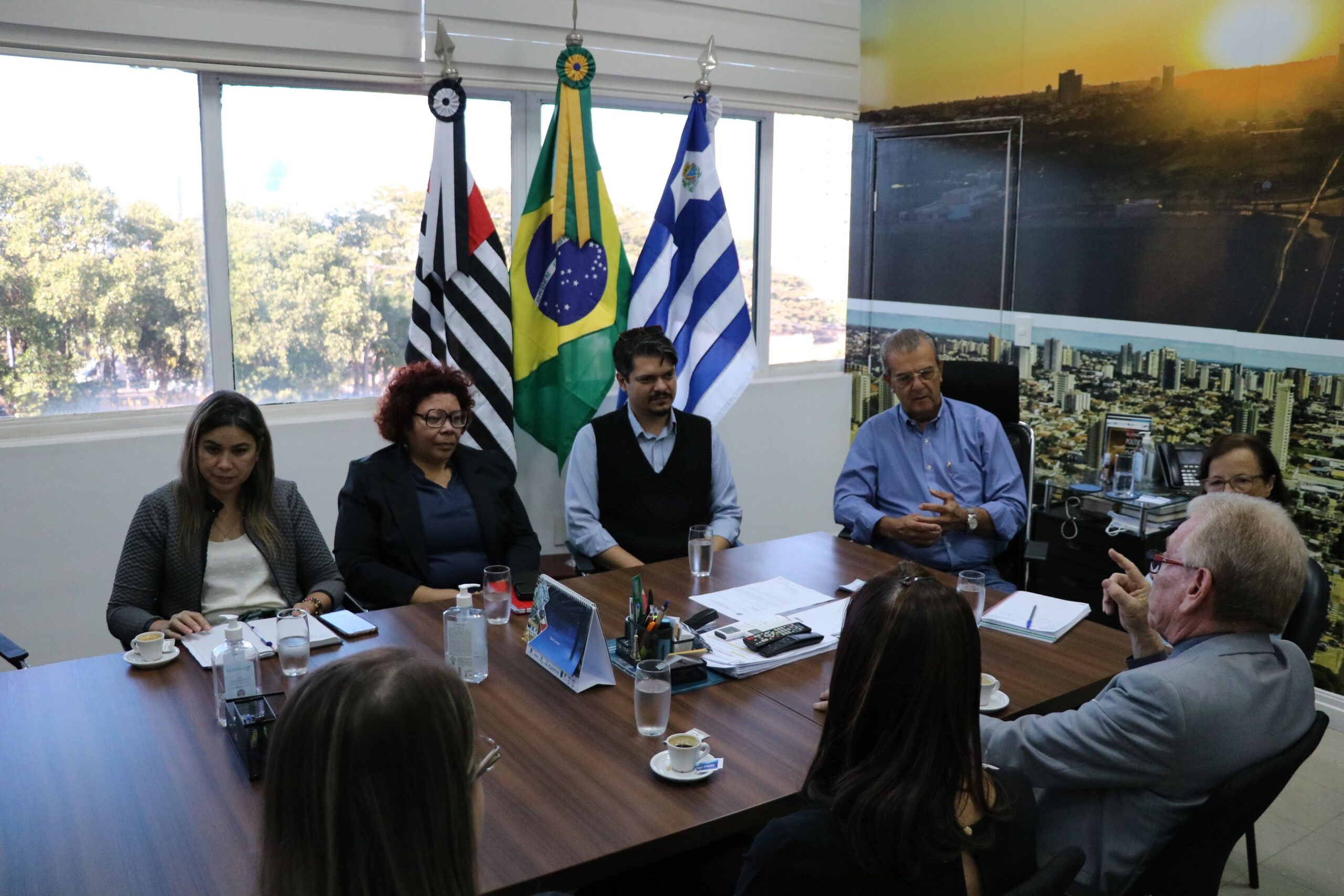 Na imagem aparecem de costas para a câmera a representante regional, a tesoureira e o presidente do CRMV-SP, eles estão sentados ao entorno de uma mesa retangular marrom. Do outro lado, voltados para a câmera e atentos a fala do presidente do Conselho, estão integrantes da Secretaria de Saúde de Araçatuba, o secretário de Meio Ambiente, o prefeito e a vice-prefeita. Na sala lá um painel com fotos aéreas da cidade, uma janela grande em que aparecem árvores e as bandeiras do estado de São Paulo, do Brasil e de Araçatuba.