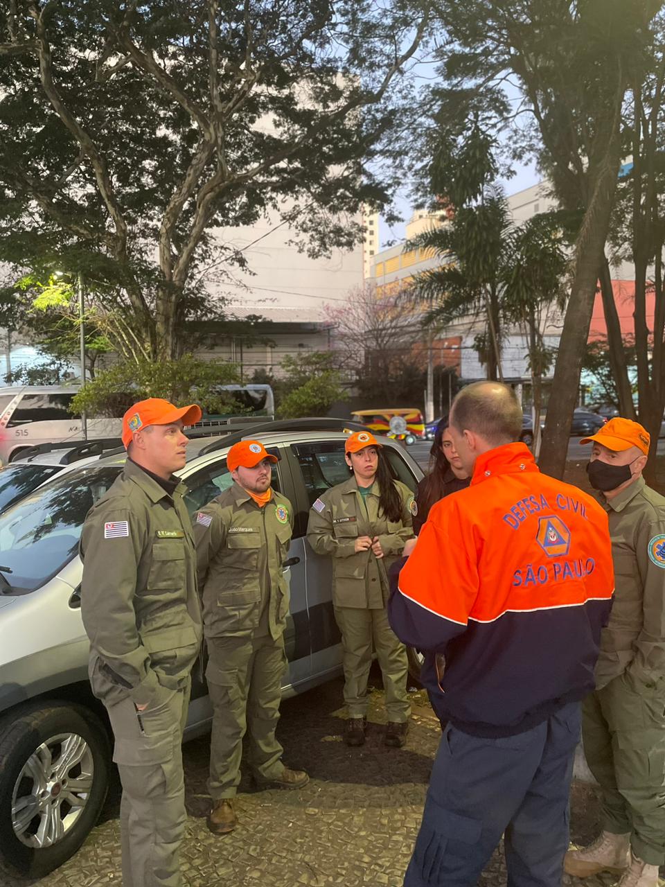 Orientação à equipe de médicos-veterinários voluntários. Eles estão em pé, encostados no carro, e à frente está uma pessoa passando informações.