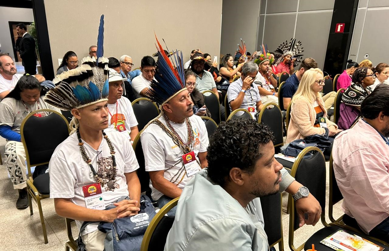 Na foto há representantes das populações indígenas no auditório da 17ª Conferência Nacional de Saúde. Estão usando camiseta branca, cocar e colares.