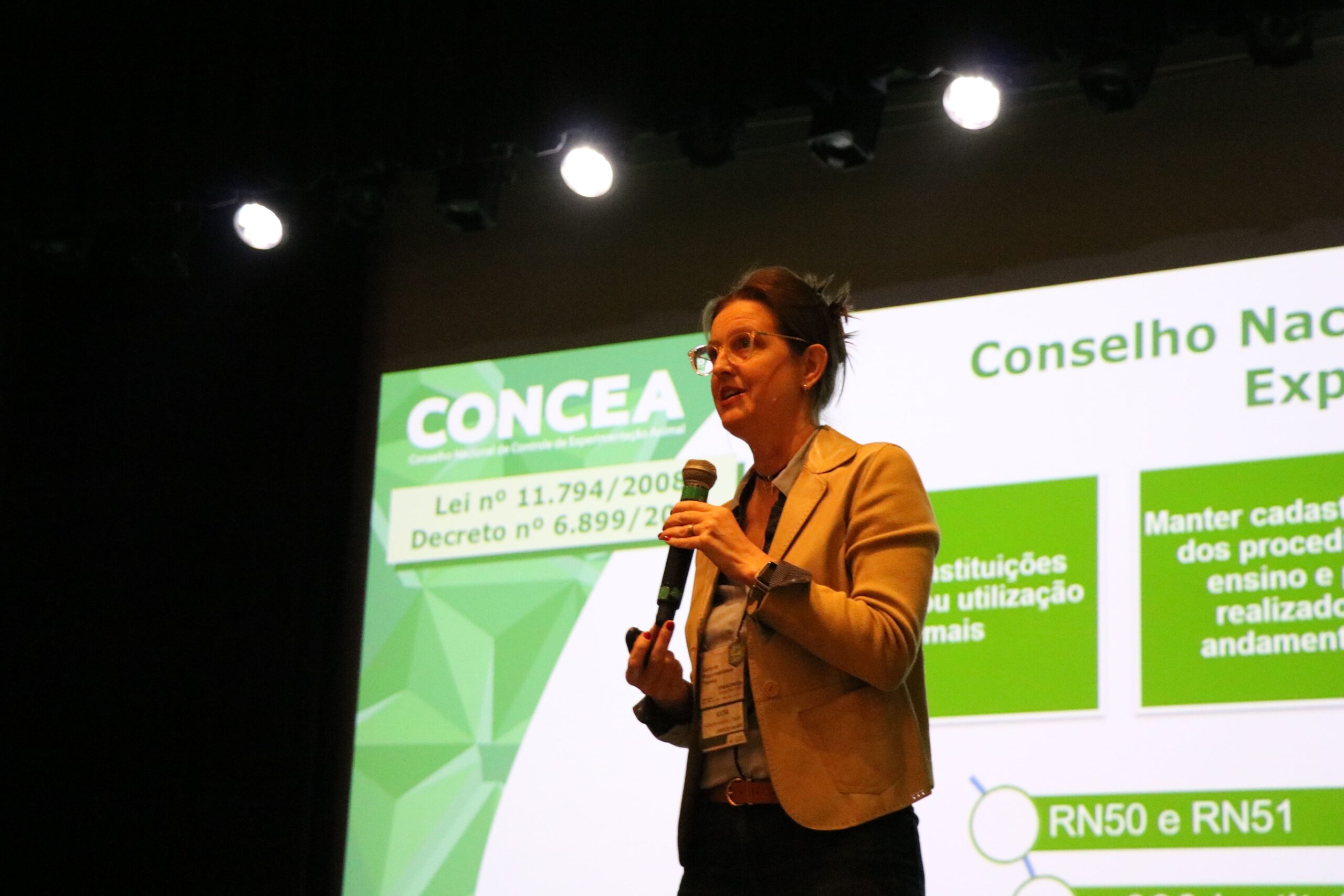 Na imagem aparece em foco a coordenadora do Concea falando ao microfone. Ao fundo um slide do Concea.