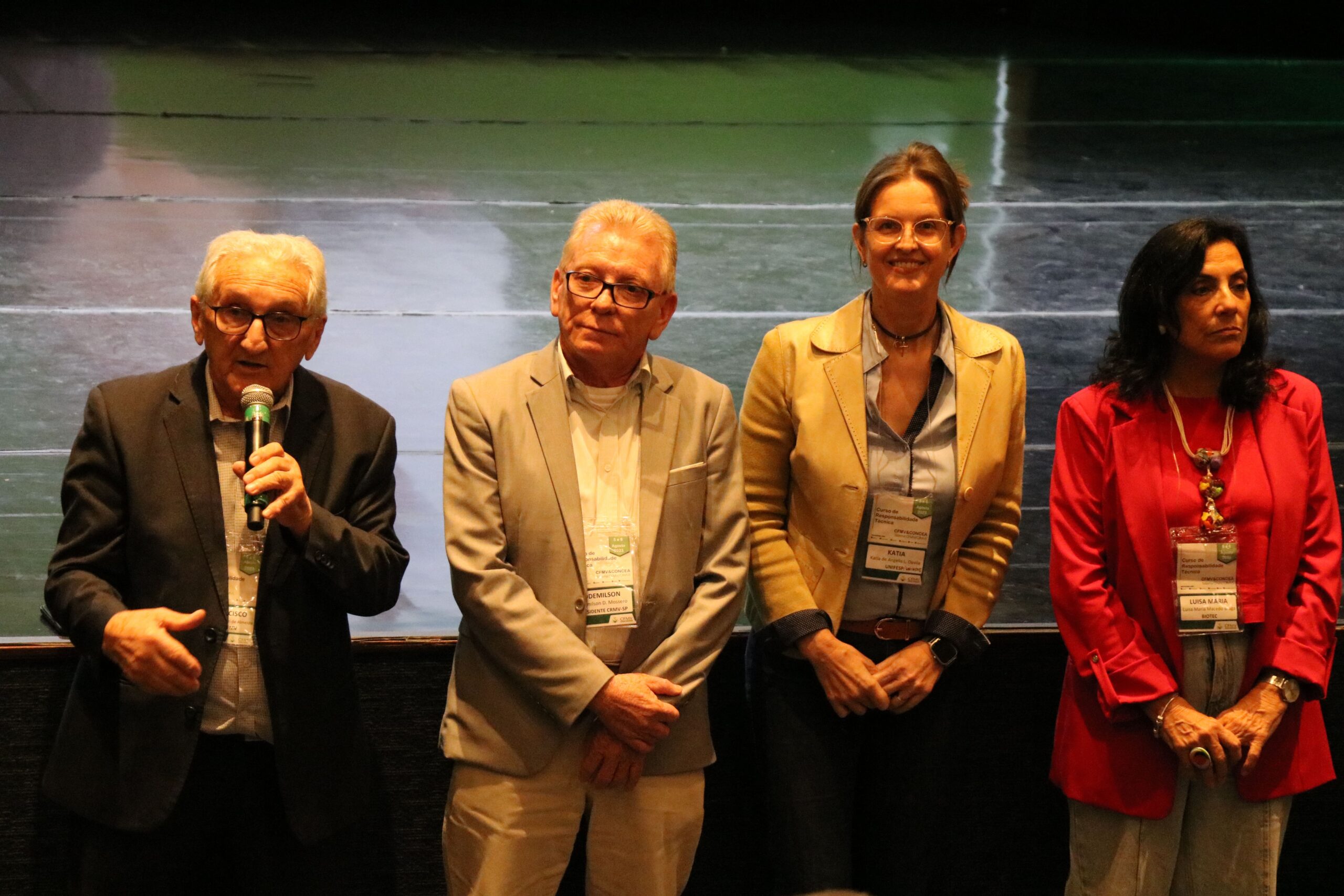 Na imagem estão dois homens e duas mulheres. Ao microfone está o presidente do CMFV.