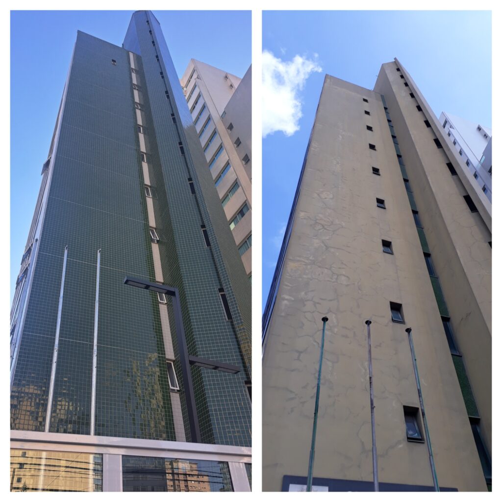 A foto mostra duas imagens, uma com a lateral nova e a outra, com a lateral antiga do prédio.