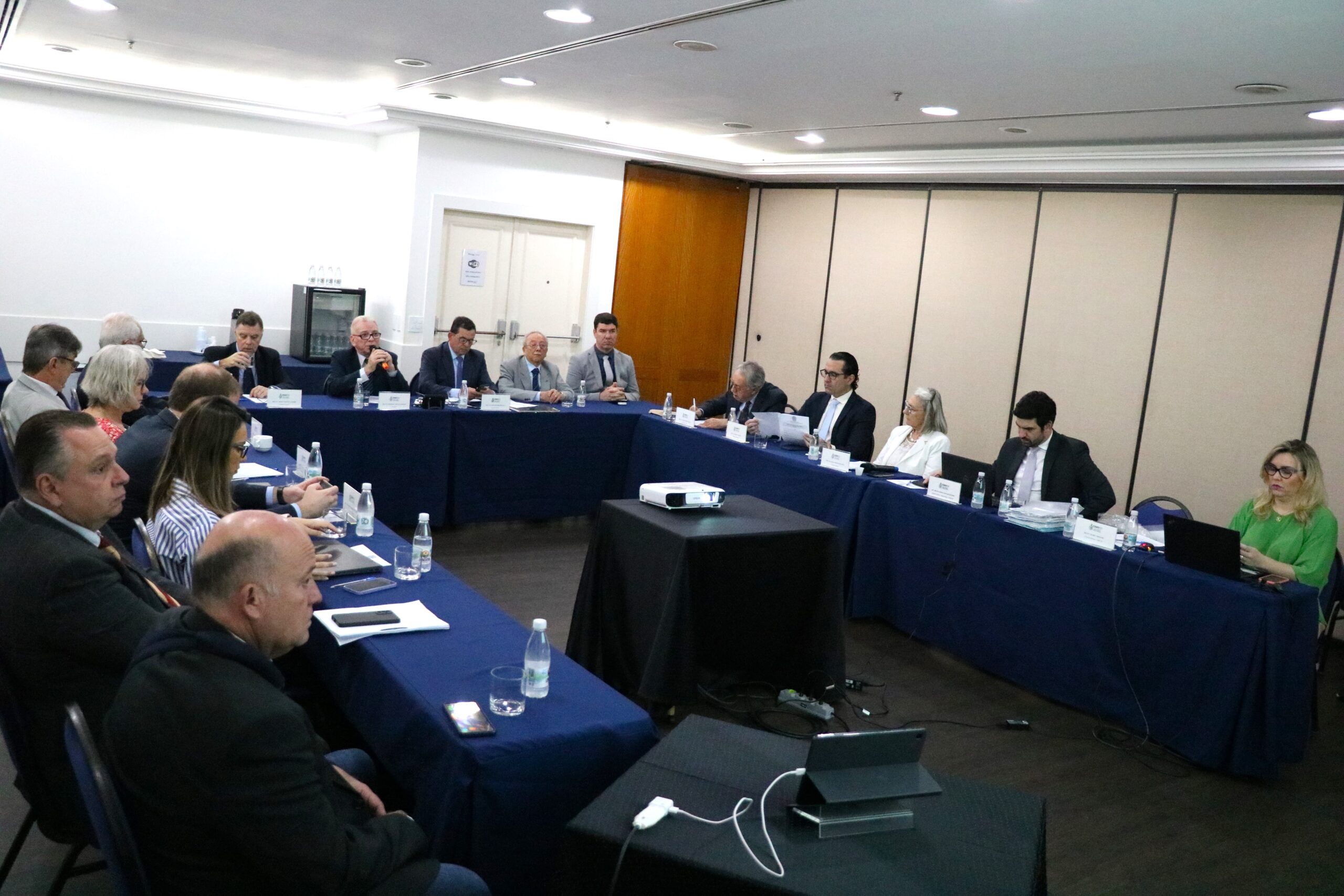 A imagem mostra os diretores e conselheiros do CRMV-SP reunidos em Plenária na cidade de Campinas. Há quatro mulheres e treze homens sentados ao entorno de mesas dispostas em "U". Ao centro, uma mesa com projetor.