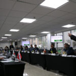 A foto mostra os presidentes dos CRMVs sentados durante a CNP. O diretor do Departamento Jurídico do CFMV, Cyrlston Martins Valentino, está apresentando à frente.