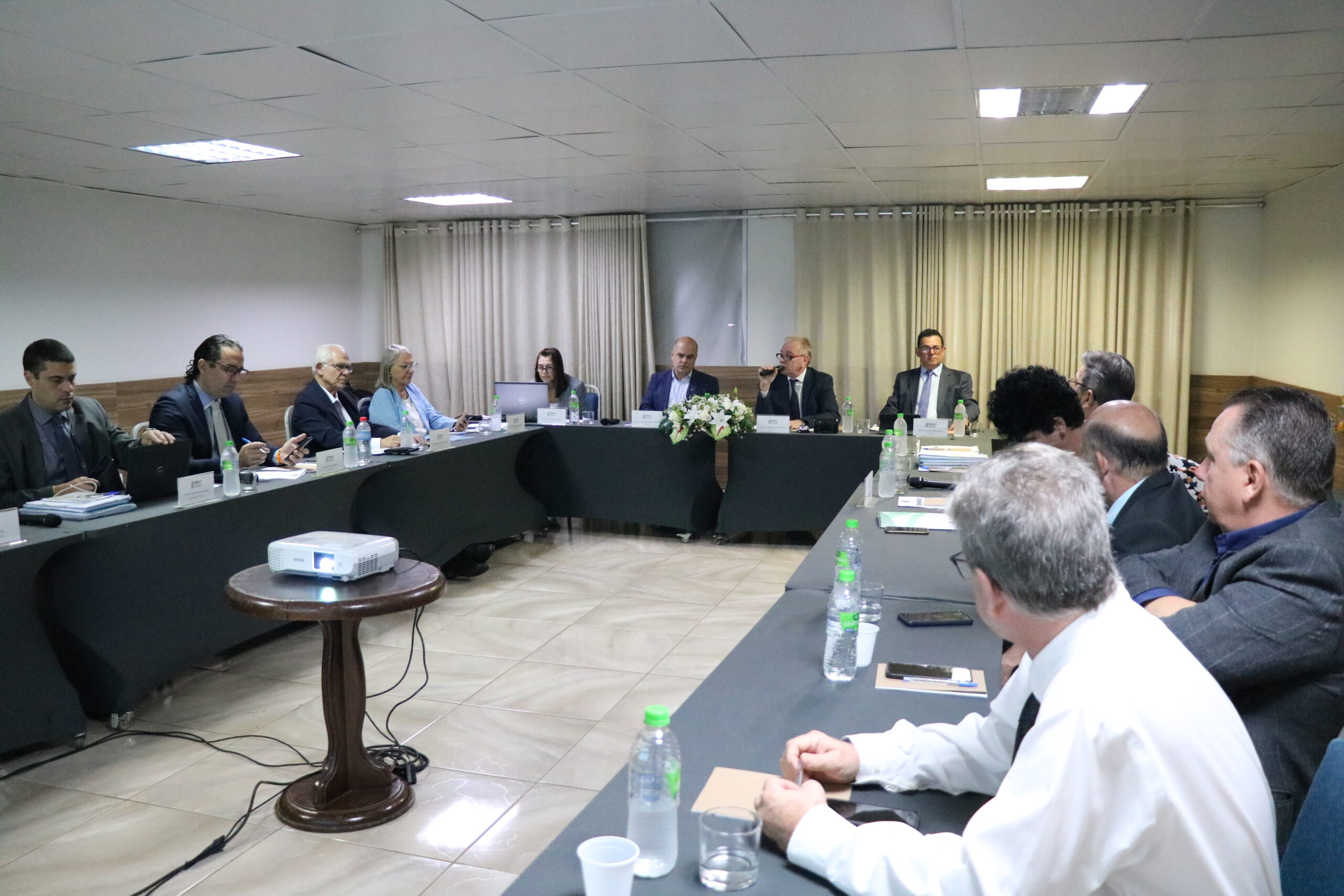 A imagem traz uma mesa em formato de U, com representantes do CRMV-SP, homens e mulheres, de roupa social. O presidente do Conselho, de óculos, fala ao microfone na abertura da Sessão Plenária.