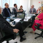 Na foto, estão sentados e conversam os participantes da reunião do PRODES: o presidente do CRMV-SP, Odemilson Donizete Mossero (primeiro ao fundo); o conselheiro do CFMV, Paulo Araújo de Guerra (à direita); a vice-presidente do CFMV, Ana Elisa de Souza Almeida; o conselheiro do CFMV, Marcílio Magalhães Vaz de Oliveira (primeiro, à frente); o presidente do CRMV-BA, Altair Santana de Oliveira (primeiro, à direita); o assessor administrativo, chefe do Núcleo de Apoio aos Regionais (NAR) do CFMV, Igor Pinto de Andrade; e a presidente do CRMV-PE, Maria Elisa Araújo.