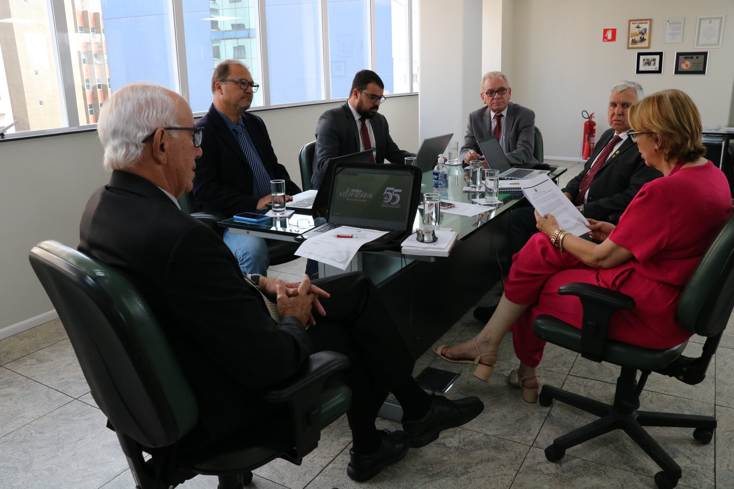 Na foto, estão sentados e conversam os participantes da reunião do PRODES: o presidente do CRMV-SP, Odemilson Donizete Mossero (primeiro ao fundo); o conselheiro do CFMV, Paulo Araújo de Guerra (à direita); a vice-presidente do CFMV, Ana Elisa de Souza Almeida; o conselheiro do CFMV, Marcílio Magalhães Vaz de Oliveira (primeiro, à frente); o presidente do CRMV-BA, Altair Santana de Oliveira (primeiro, à direita); o assessor administrativo, chefe do Núcleo de Apoio aos Regionais (NAR) do CFMV, Igor Pinto de Andrade; e a presidente do CRMV-PE, Maria Elisa Araújo.