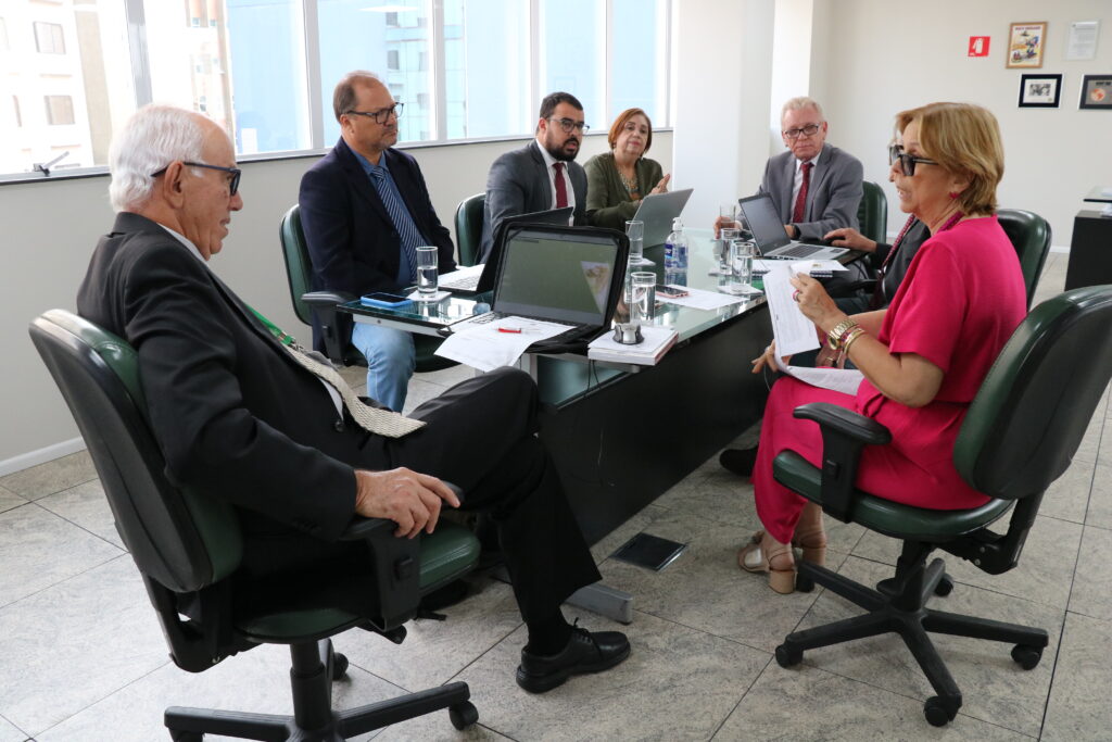 Na foto, estão sentados e conversam os participantes da reunião do PRODES: o presidente do CRMV-SP, Odemilson Donizete Mossero (primeiro ao fundo); o conselheiro do CFMV, Paulo Araújo de Guerra (à direita); a vice-presidente do CFMV, Ana Elisa de Souza Almeida; o conselheiro do CFMV, Marcílio Magalhães Vaz de Oliveira (primeiro, à frente); o presidente do CRMV-BA, Altair Santana de Oliveira (primeiro, à direita); o assessor administrativo, chefe do Núcleo de Apoio aos Regionais (NAR) do CFMV, Igor Pinto de Andrade; e a presidente do CRMV-PE, Maria Elisa Araújo.