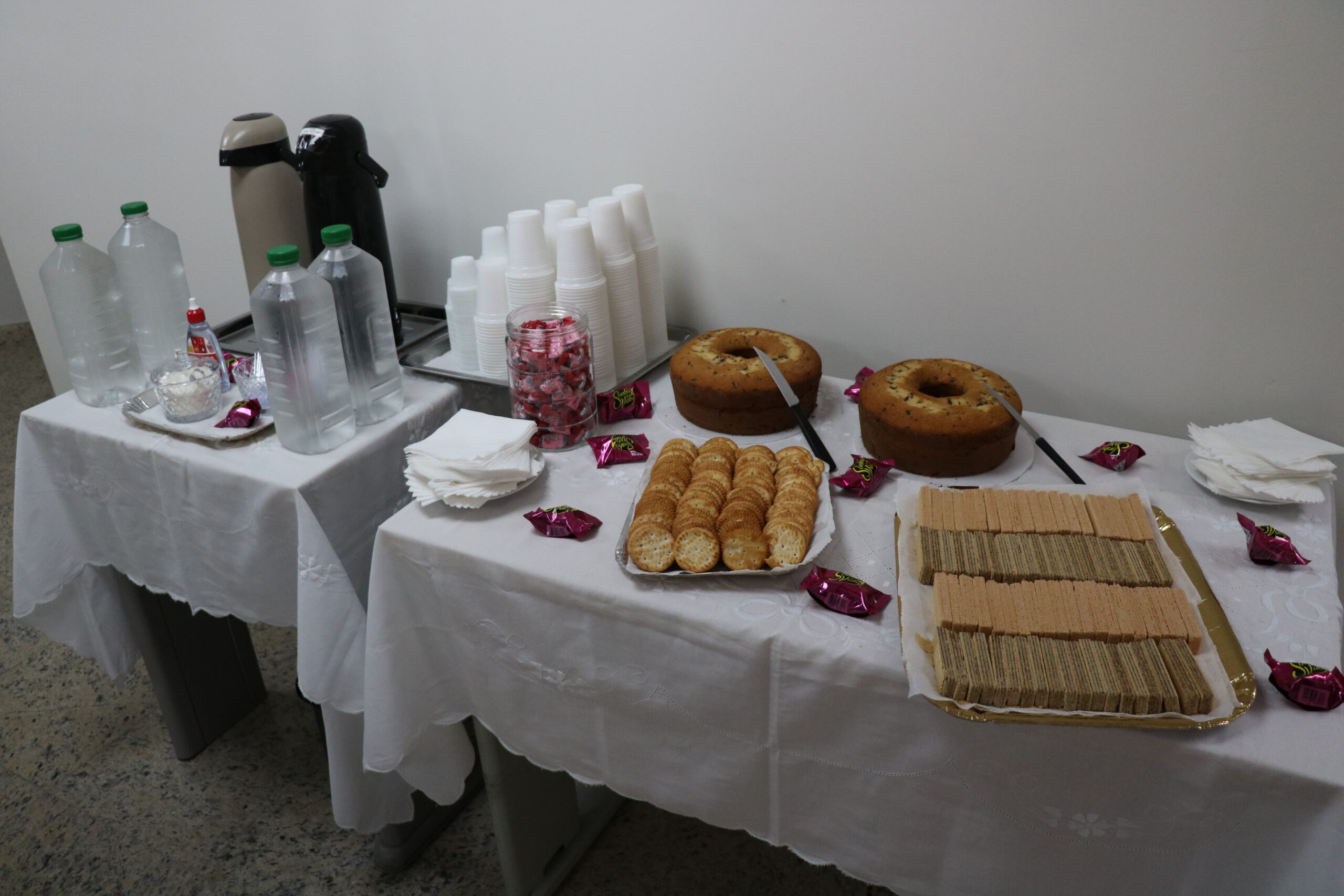 Na foto, mesa decorada com bolo, bolachas, bombons, café, água.