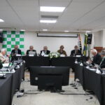 Na foto, membros do plenário estão sentados na sala, em disposição de quadrado.