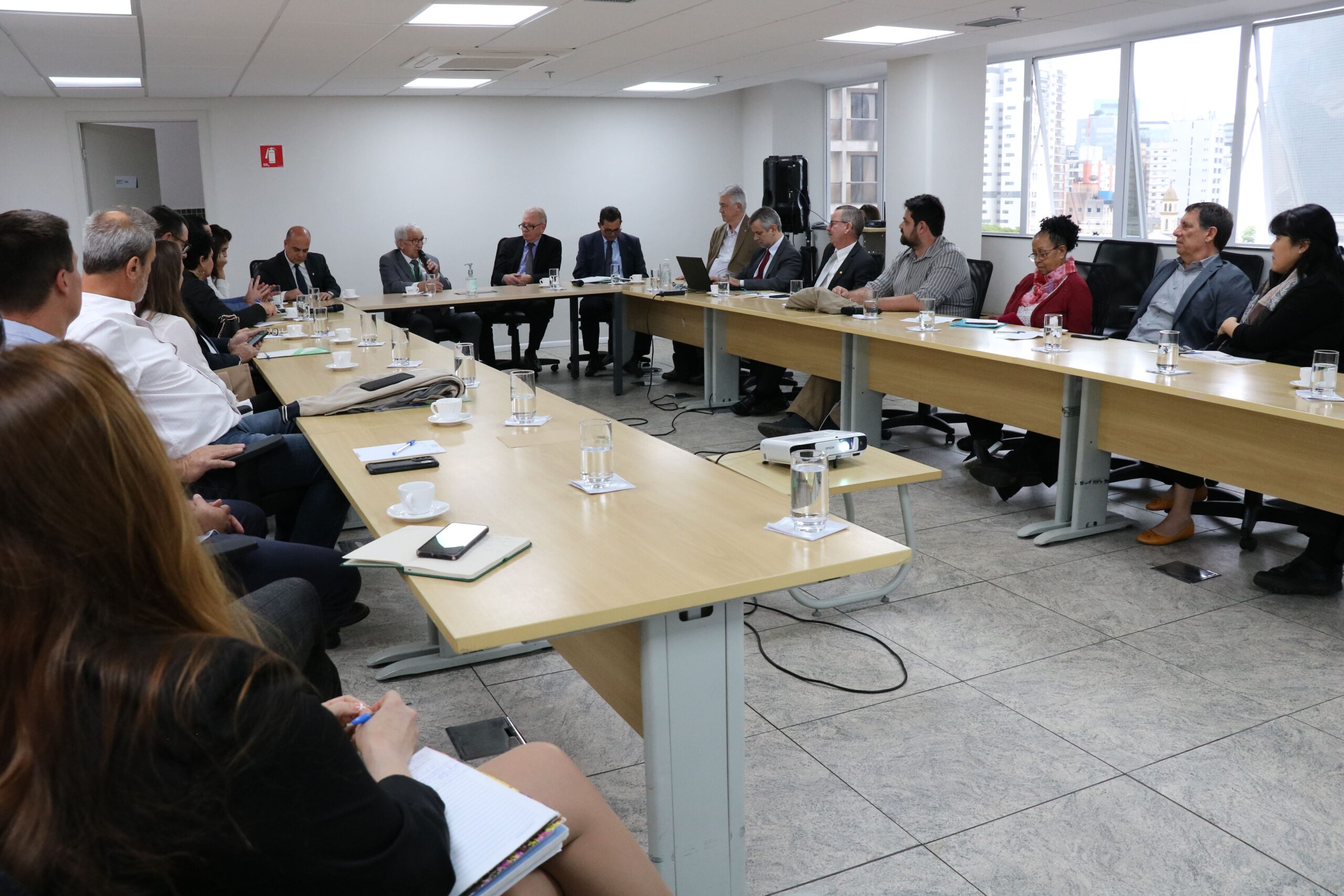 Sala ampla com mesas da cor bege dispostas em forma de "U". Ao entorno estão sentados os presidentes das comissões do CRMV-SP, entre os quais mulheres e homens. Ao fundo, a Diretoria Executiva do CRMV-SP e o presidente do CFMV. O presidente do CFMV está com a palavra e segura um microfone.