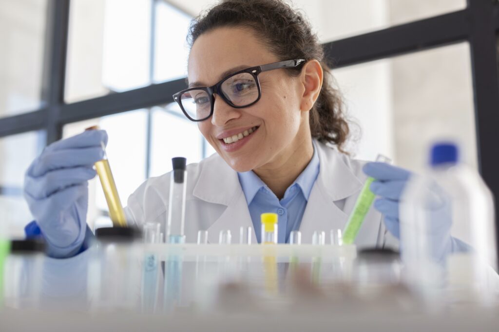Mulher de óculos, jaleco branco e luvas azuis manipula tubos de ensaio em ambiente de pesquisa/laboratório.
