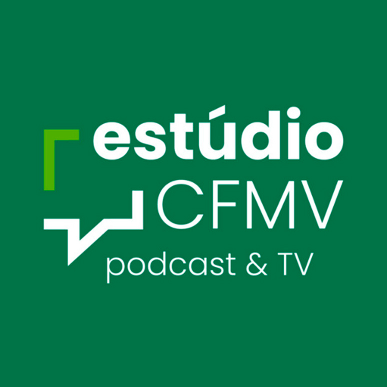 Banner virtual com o título “Estúdio CFMV podcast e TV” em contorno branco, sobre fundo verde.