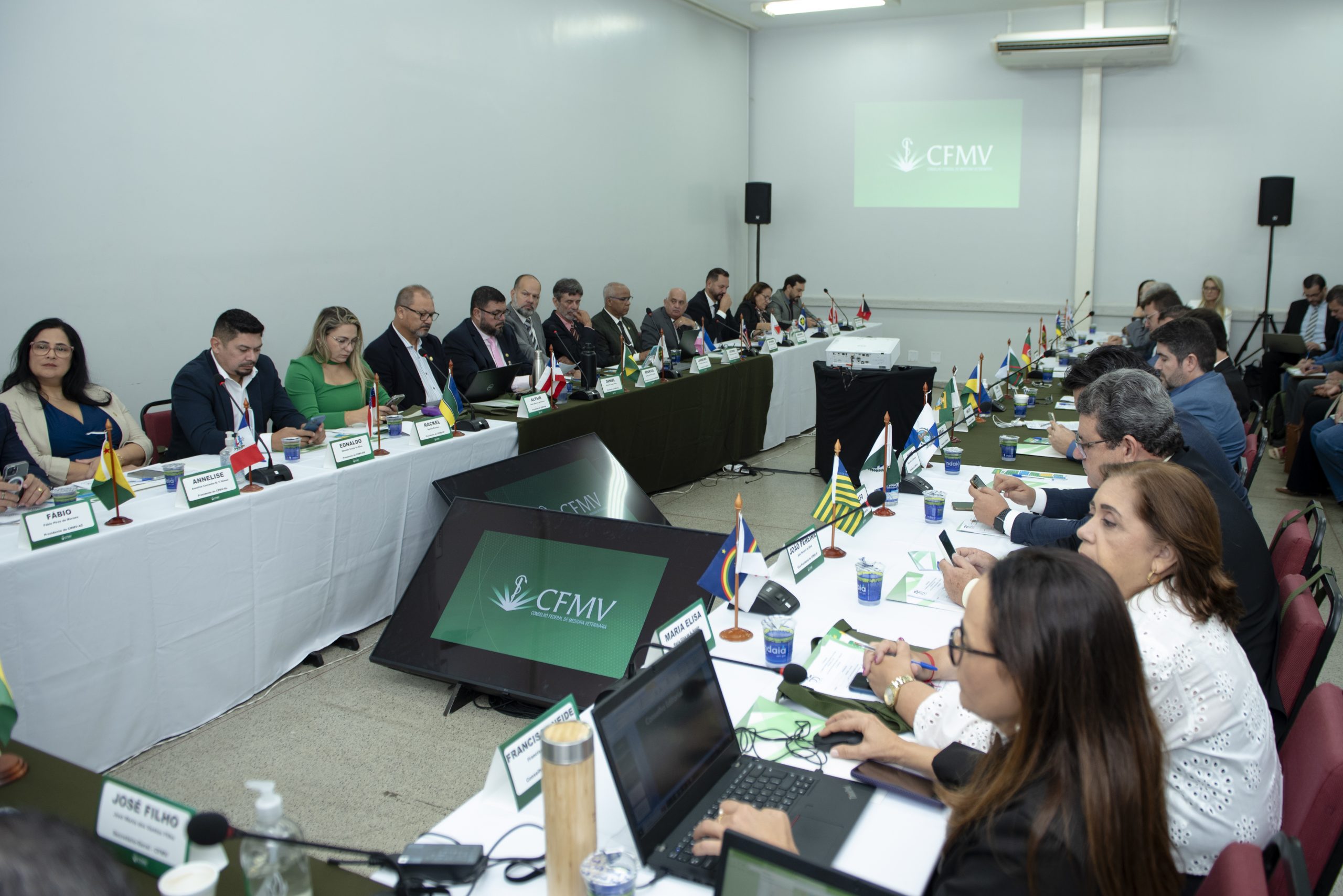 Mesa em formato de U com os participantes da Camara Nacional dos Presidentes do Sistema CFMV/CRMVs debatendo assuntos da pauta.