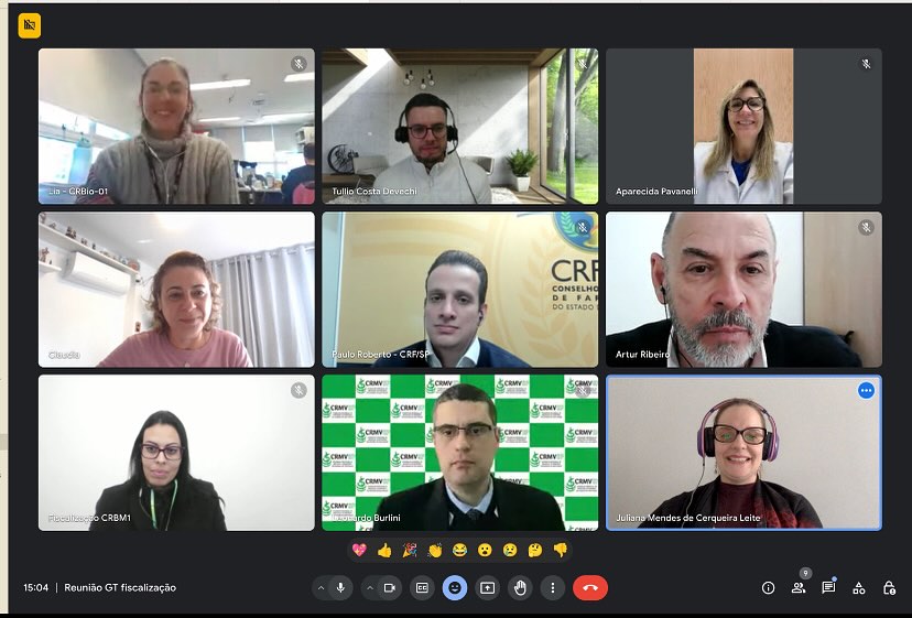 Print de tela de uma reunião virtual do GT de Fiscalização do Fcafs em que aparecem nove participantes, sendo cinco mulheres e quatro homens.