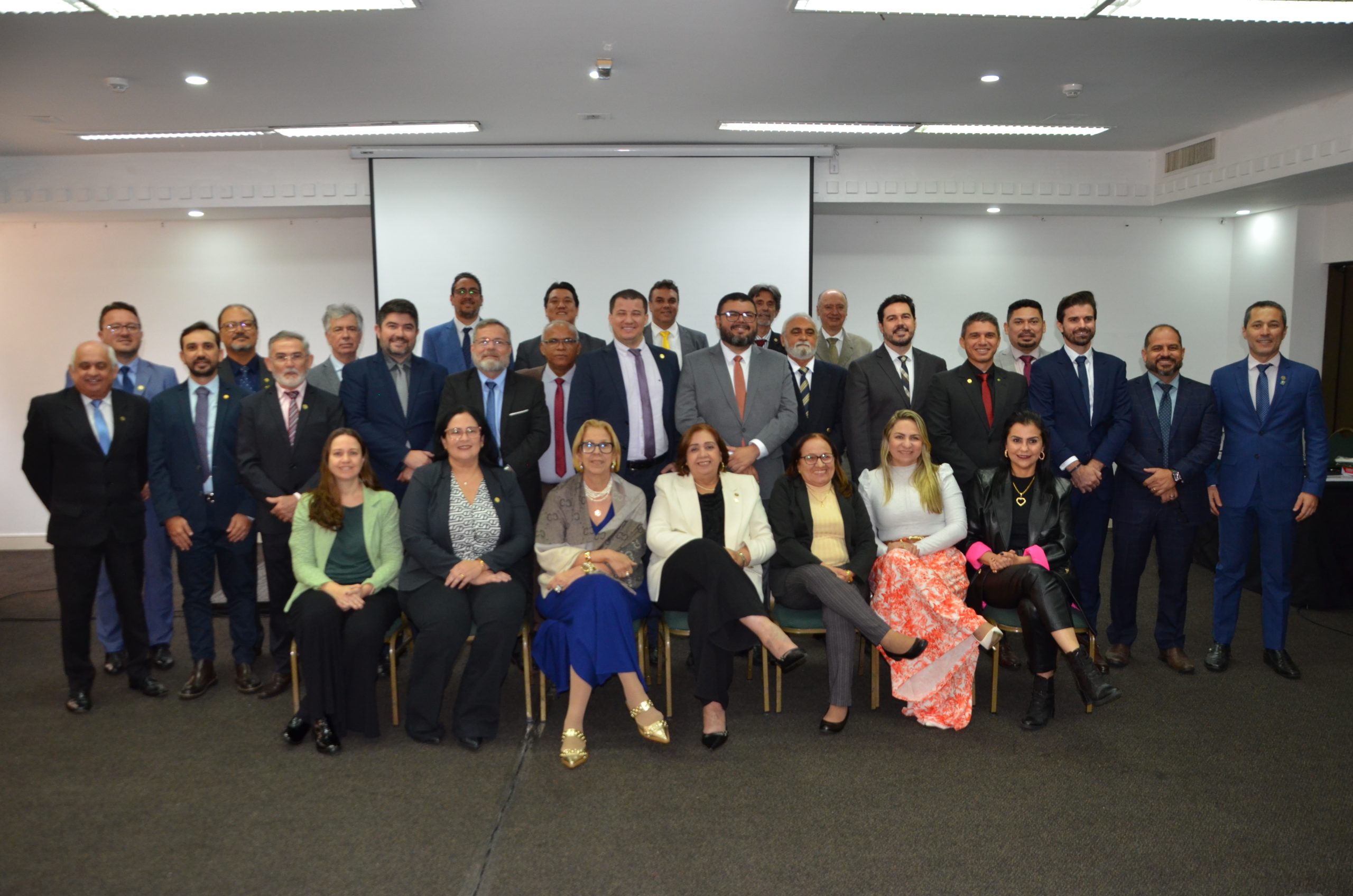 Todos os presidentes dos Conselhos Regionais que estavam presentes na reunião junto dos integrantes da Diretoria Executiva do CFMV. As sete mulheres estão enquanto os homens estão de pé atrás delas.