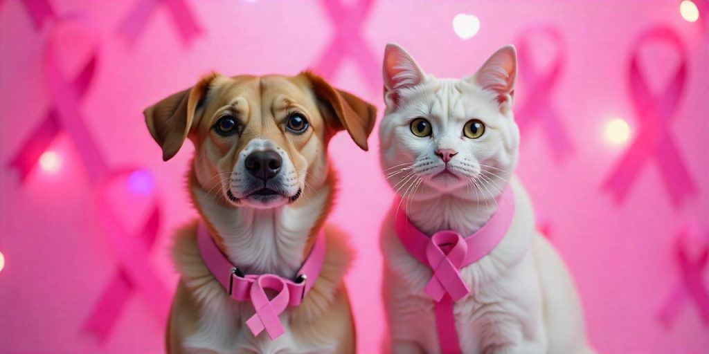 cachorra e gata usando laço rosa que simboliza a luta contra o câncer de mama. Ao fundo, vários laços rosas, símbolo da campanha.