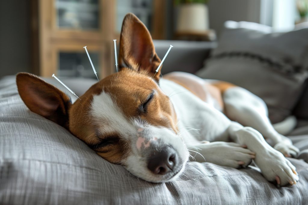 Cão descansa enquanto recebe aplicação de acupuntura. Ele é de porte pequeno, branco e caramelo.