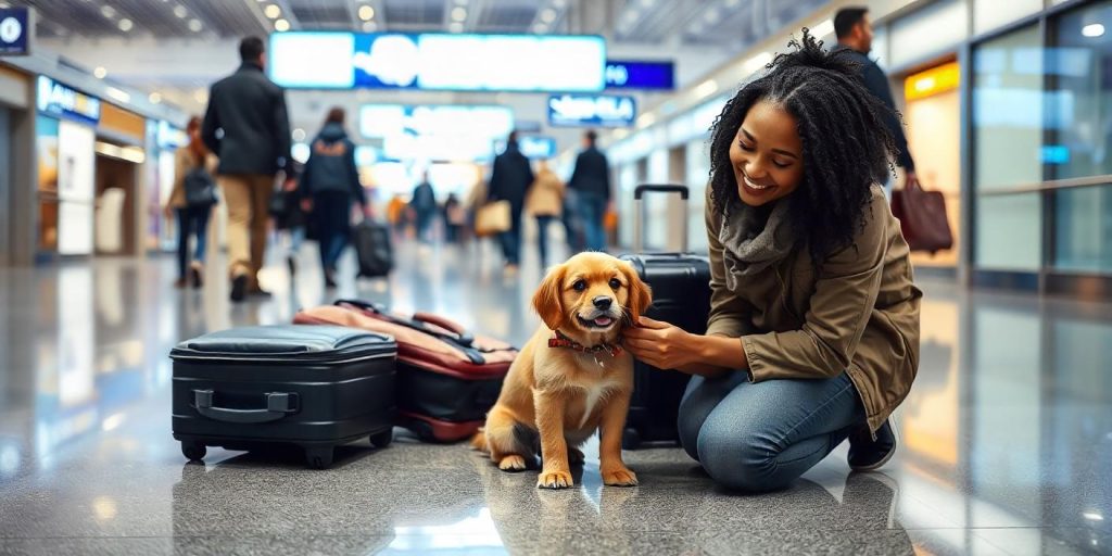 mulher jovem sorri enquanto faz carinho em filhote de cachorro no aeroporto, ao fundo 3 malas de viagem.