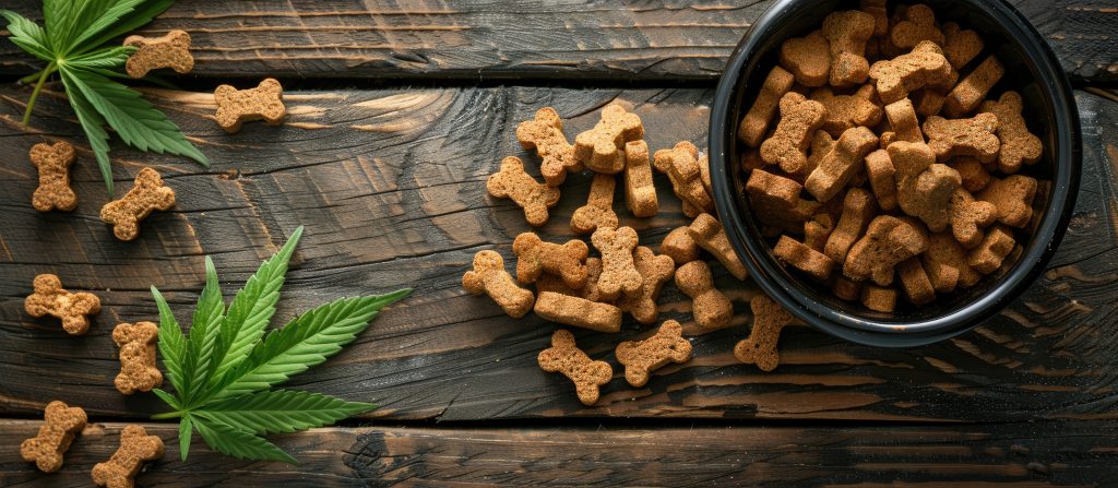 biscoitos caninos dentro de um pote redondo preto e no chão de madeira ao lado de duas folhas de erva cannabis.