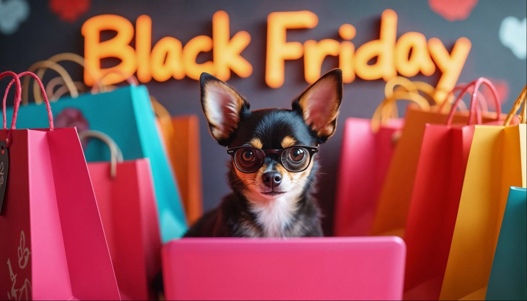 cão pequeno usando óculos faz compras online pelo notebook rodeado de sacolas coloridas de compras. Ao fundo, na parede se lê Black Friday.