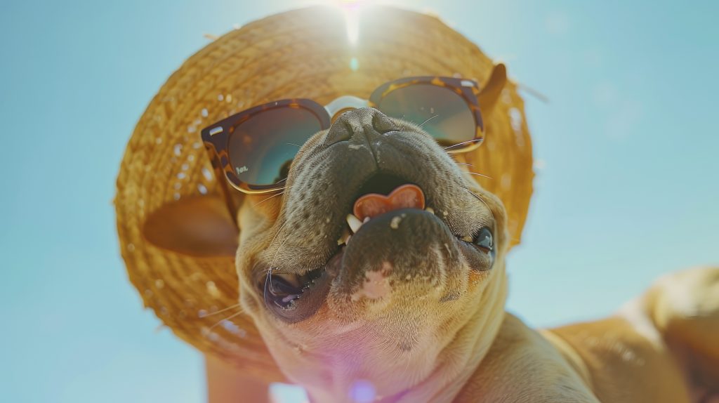 cão usando óculos escuros e chapéu na praia.