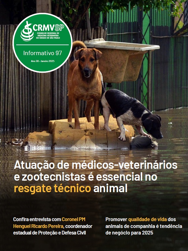 Capa do Informativo 97 do CRMV-SP traz dois cães sem raça definida isolados em cima de um colchão no meio de uma enchente. A edição tem como tema a atuação de médicos-veterinários e zootecnistas no resgate técnico animal em situações de desastre.