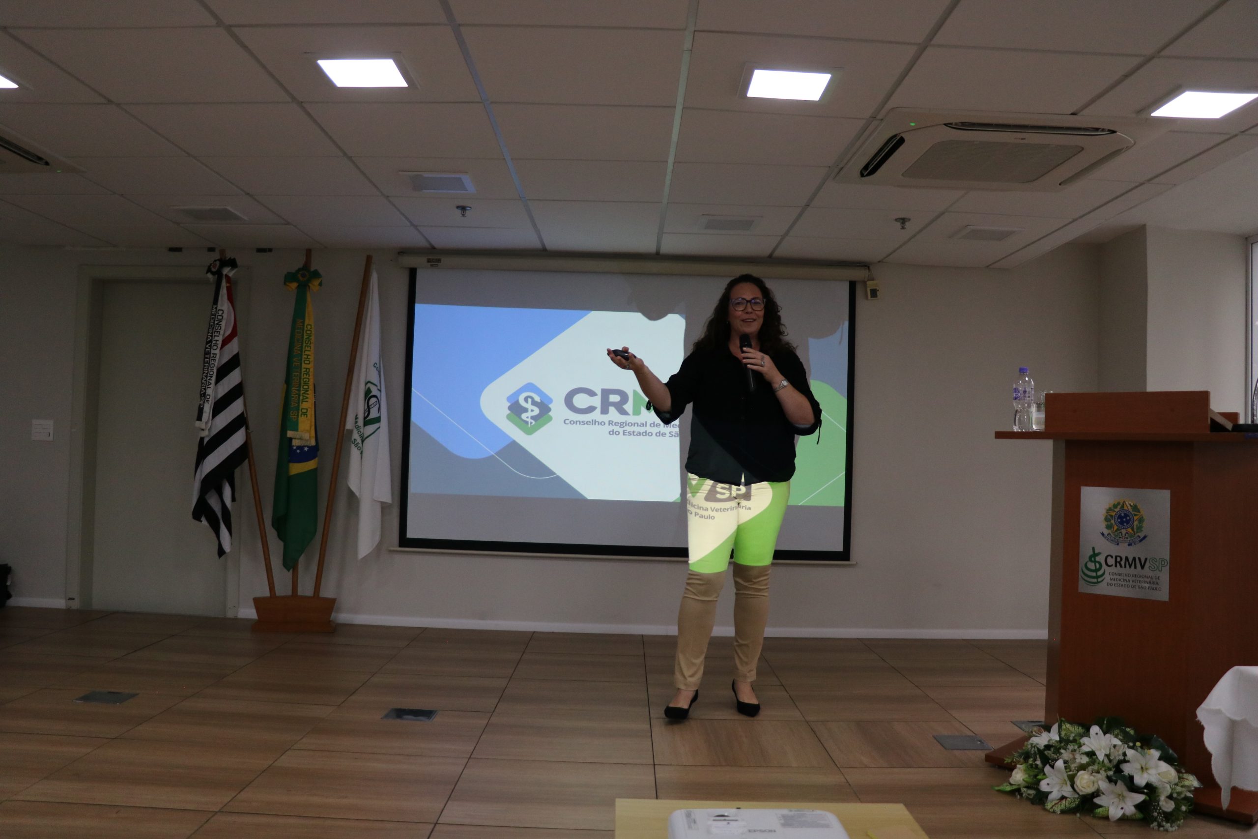 Na foto há uma mulher de camiseta preta, cabelos longos e ondulados, pele branca, óculos e calça bege falando ao microfone no palco.