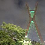Visão lateral da ponte estaiada iluminada de verde em homenagem ao dia do zootecnista. Em primeiro plano, aparecem a copa de algumas árvores.