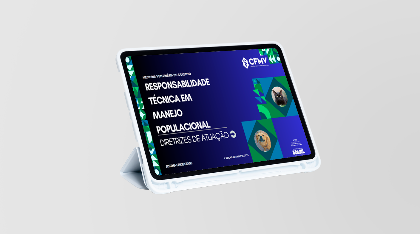 Tablet branco com a capa das Diretrizes de RESPONSABILIDADE TÉCNICAEM MANEJO POPULACIONAL. A capa apresenta a imagem de um cachorro na cor caramelo e um gato preto e as cores azul e verde de fundo.