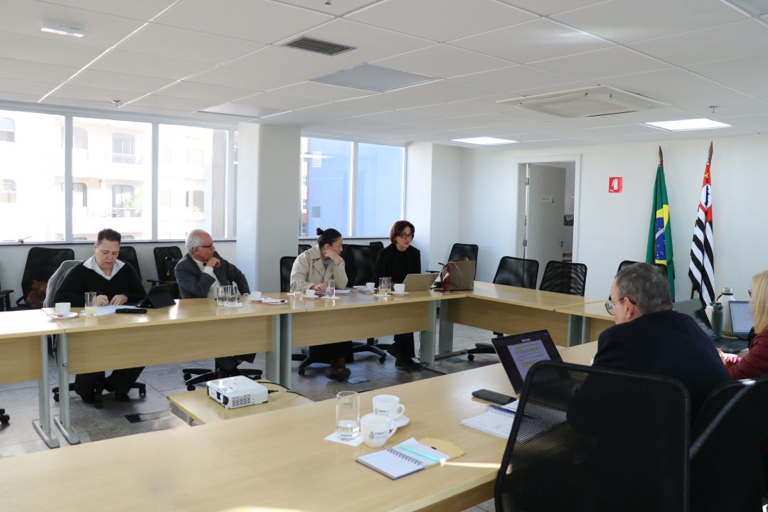 Sala de reunião com pessoas sentadas conversando. Em cima da mesa, cadernos, canetas, computadores, xícaras de café e copos de vidro com água. Ao fundo, uma bandeira do Brasil e outra do estado de São Paulo.