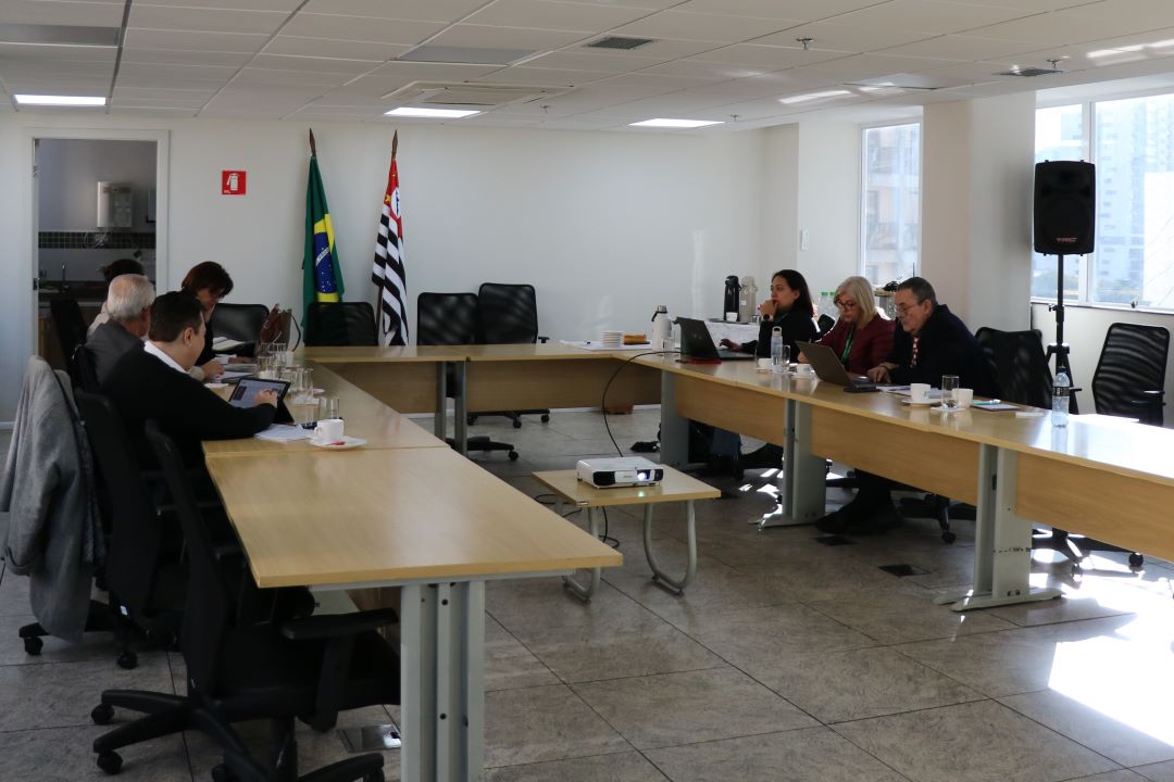 Pessoas sentadas ao redor de uma mesa retangular em sala de reunião. Na foto, aparecem a presidente da Comissão Editorial, Alessandra Marnie, a coordenadora de Comunicação do CRMV-SP, Laís Domingues Figueiredo, a assessora da presidência, Gisele Donato e o membro da comissão editorial, Luiz Cláudio Nogueira Mendes.