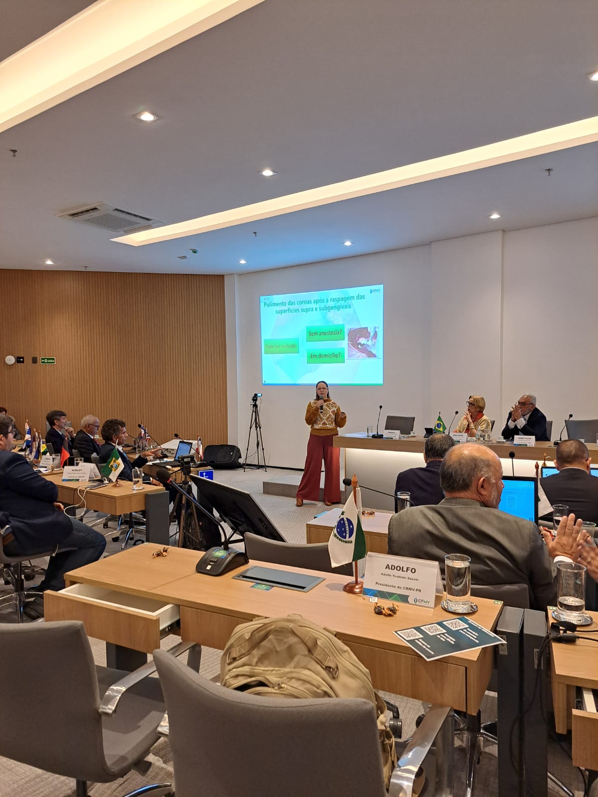 Visão da plateia da presidente do CRMV-SP frente ao palco palestrando.