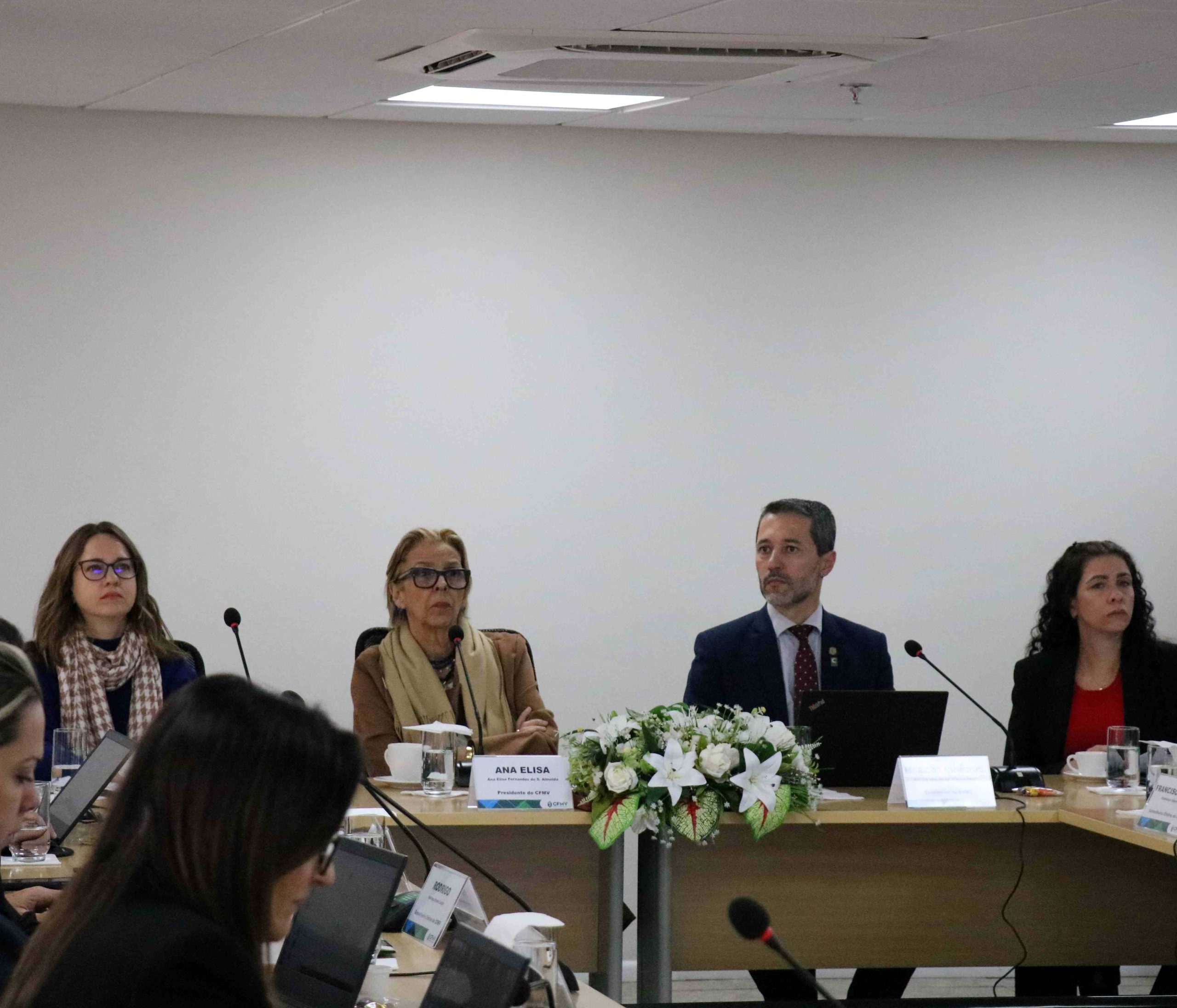 Membros da diretoria do CRMV-SP e CFMV sentados frente ao telão.