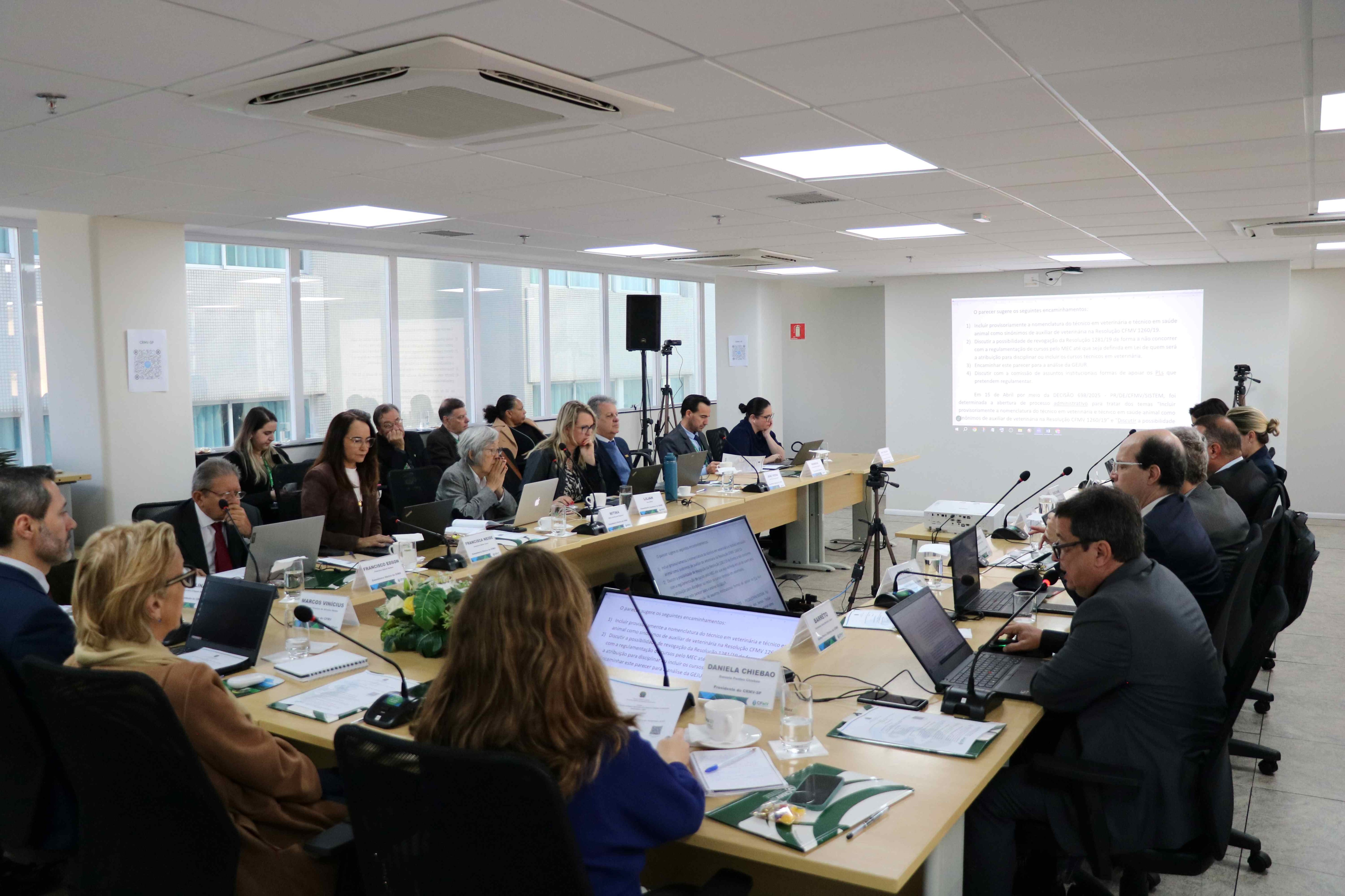 Pessoas reunidas em mesa a frente de um telão.