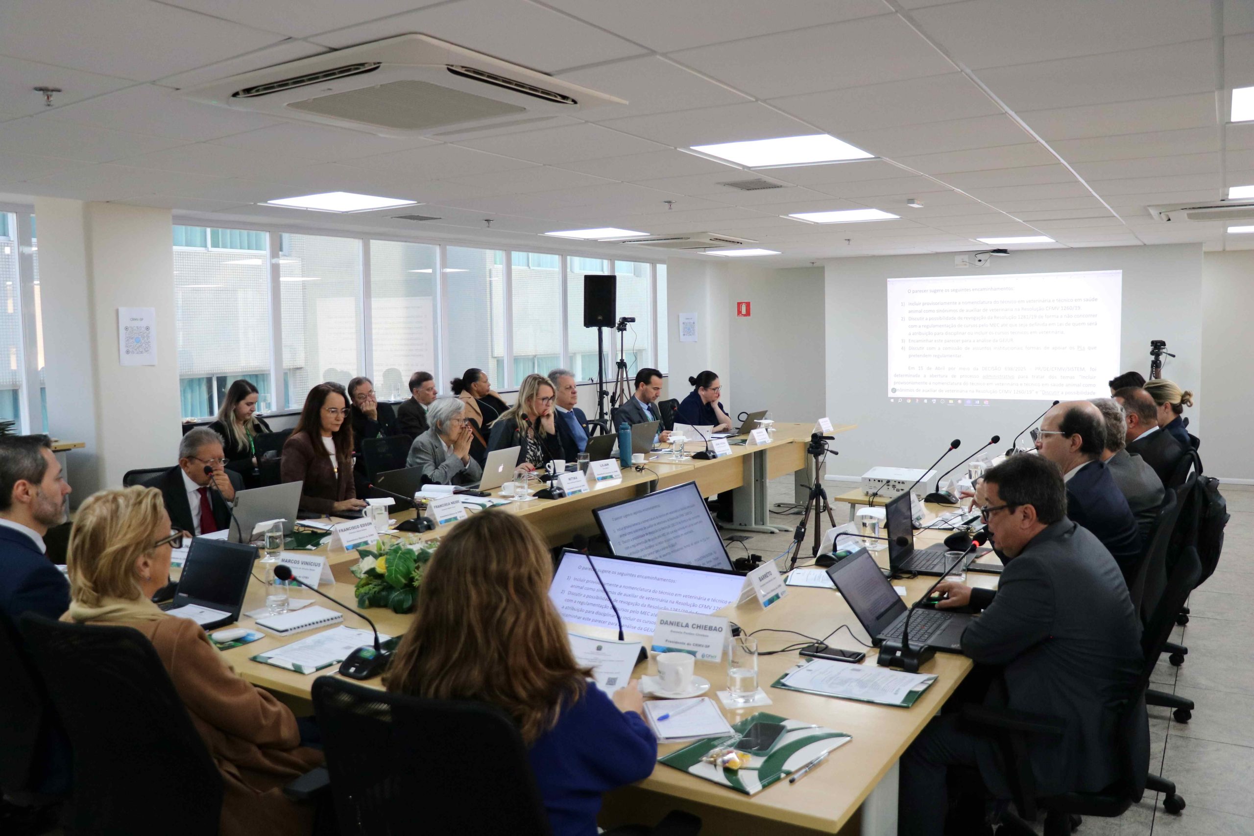 Pessoas reunidas em mesa a frente de um telão.