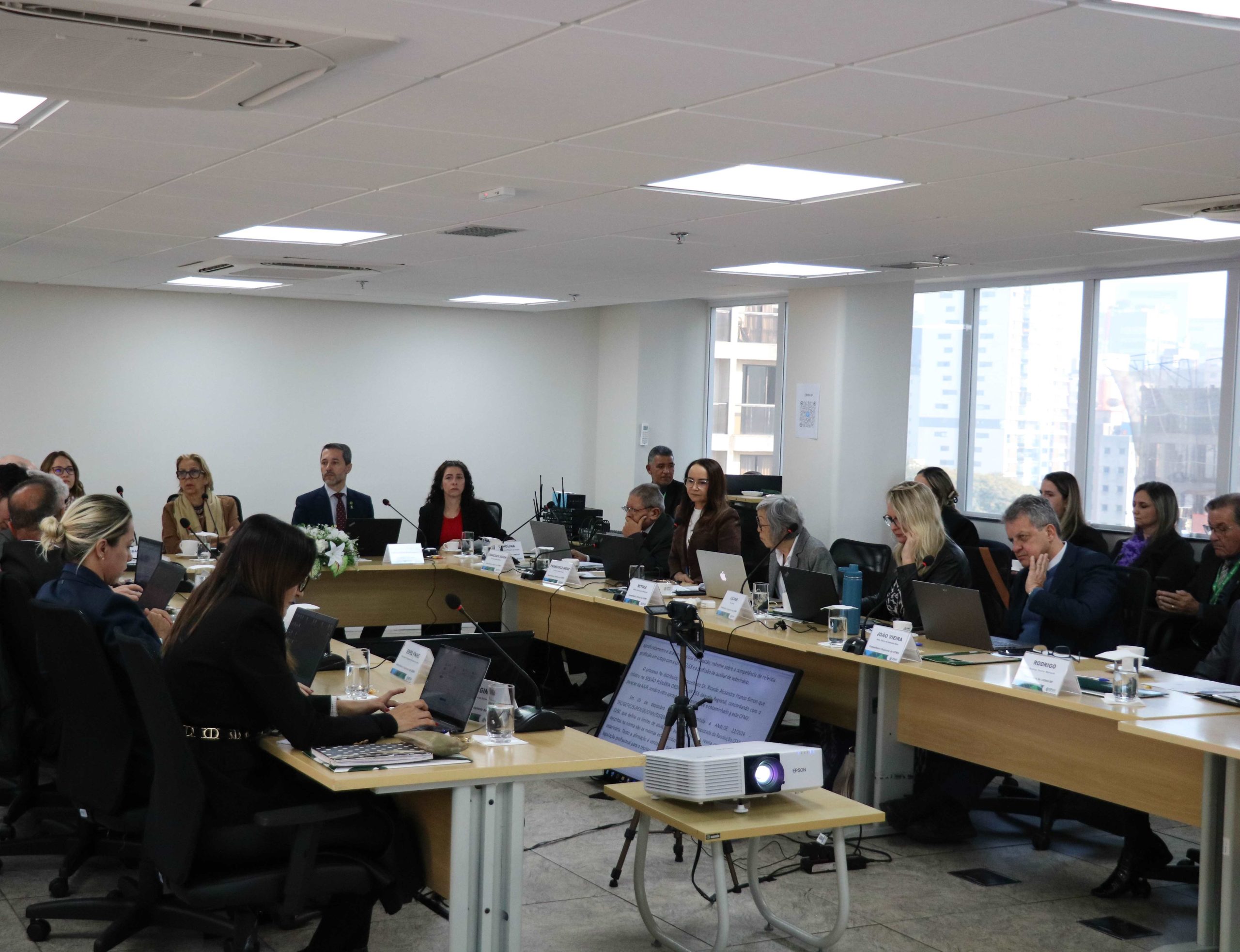 Pessoas reunidas em mesa a frente de um telão.