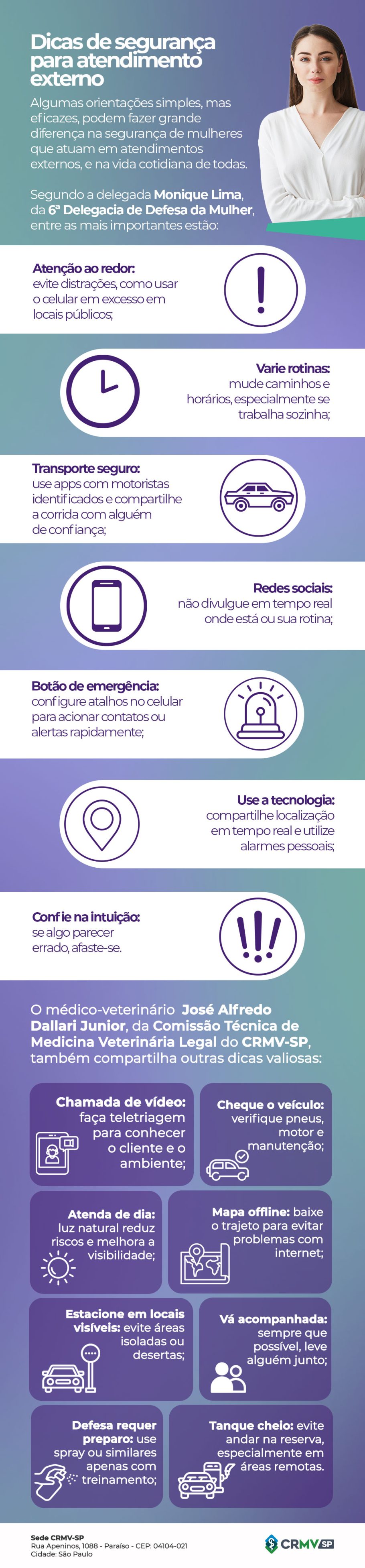 infográfico com dicas de segurança para as mulheres.