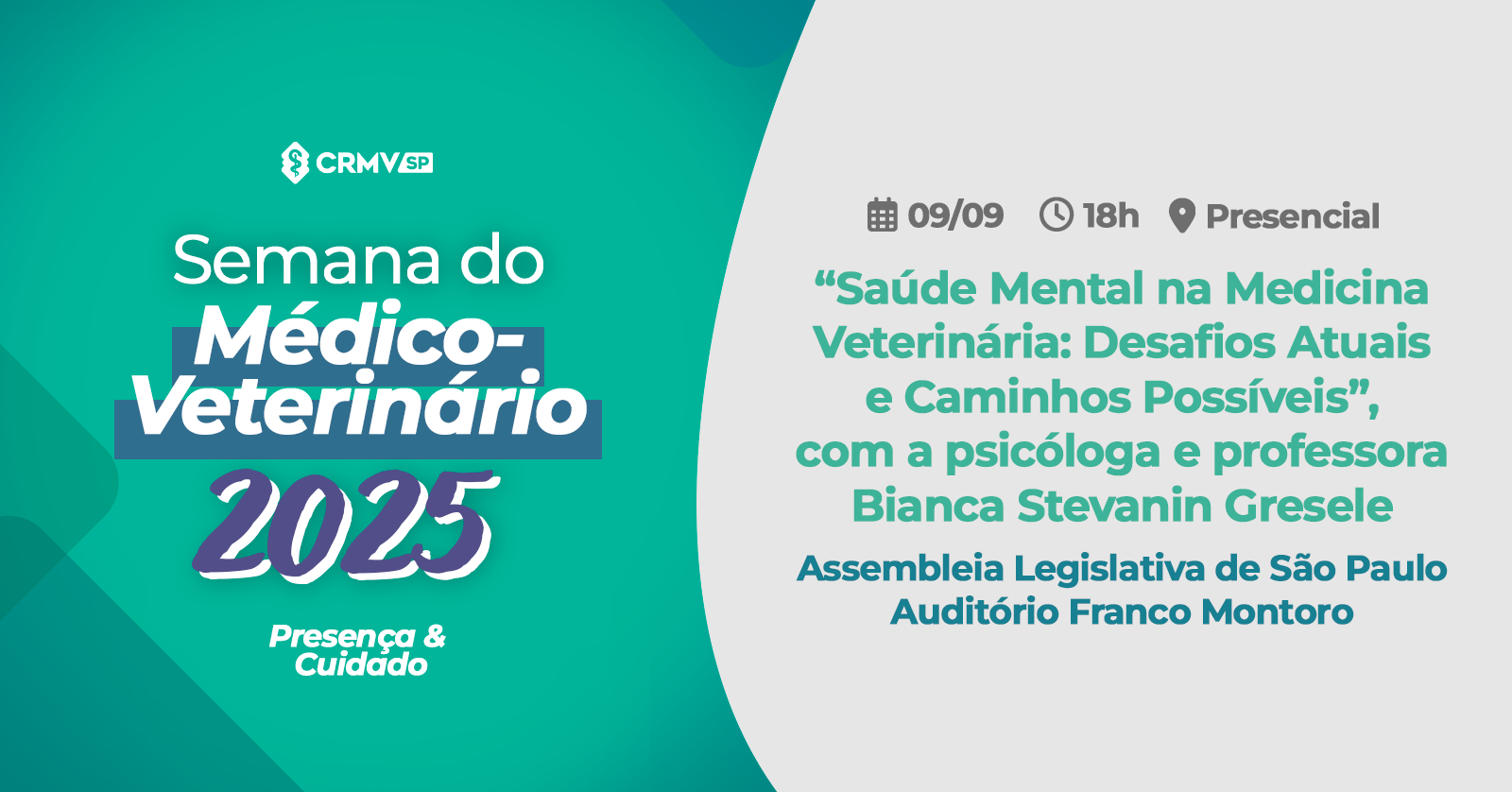 Imagem de divulgação da Semana do Médico-veterinário, com fundo verde e cinza e palavras em letras brancas, azuis, cinza e verde.
