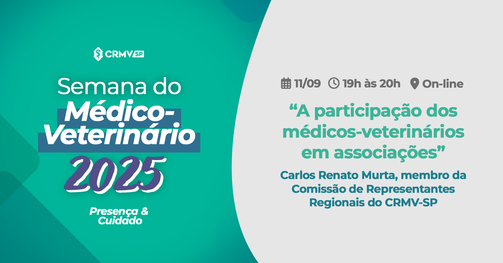 Imagem de divulgação da Semana do Médico-veterinário, com fundo verde e cinza e palavras em letras brancas, azuis, cinza e verde.