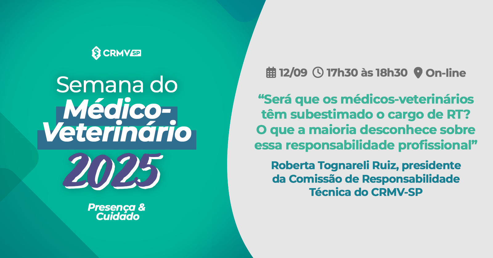 Imagem de divulgação da Semana do Médico-veterinário, com fundo verde e cinza e palavras em letras brancas, azuis, cinza e verde.