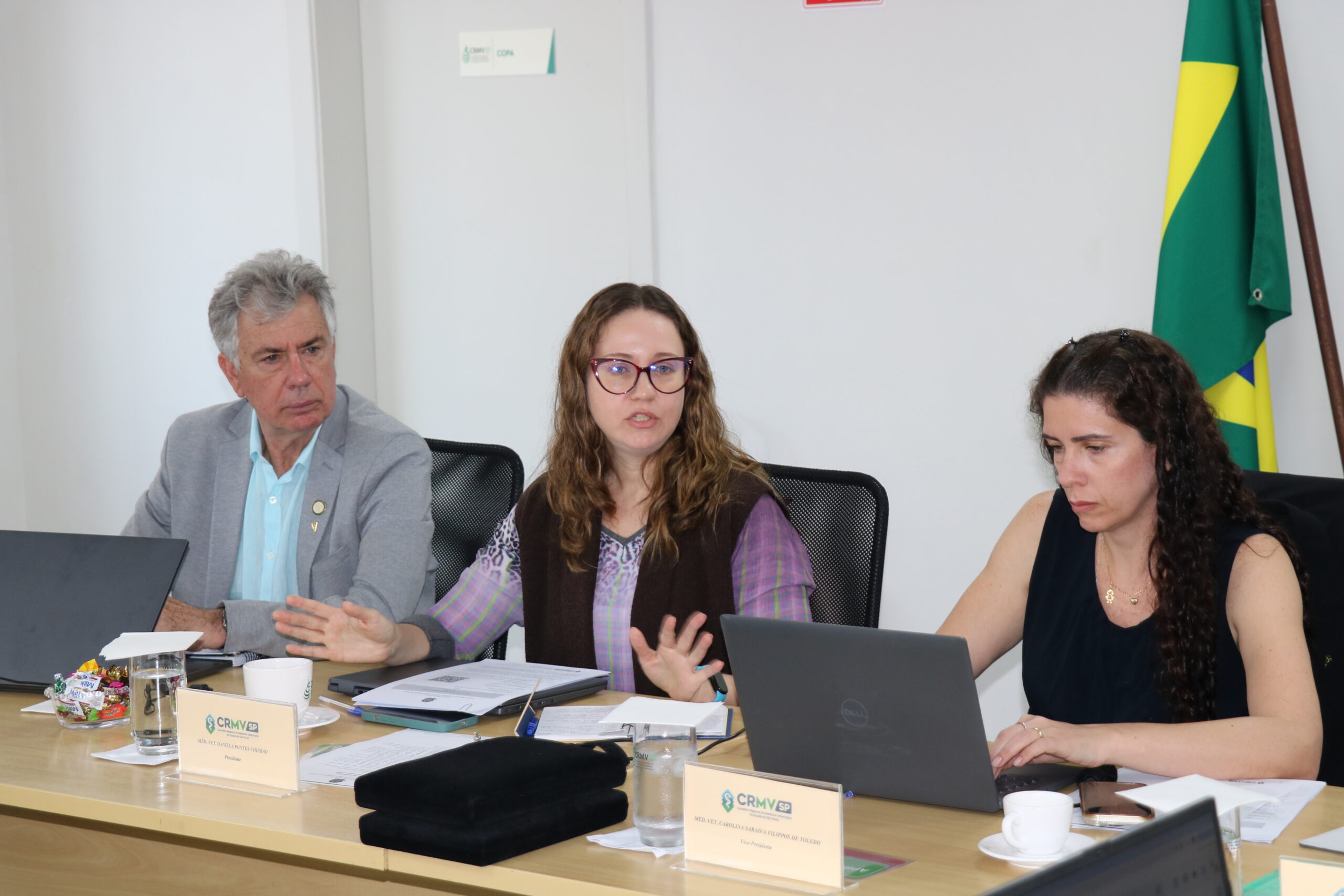 3 pessoas sentadas à mesa, uma delas falando, bandeira do Brasil de fundo.