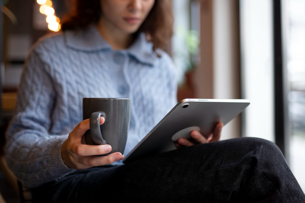 Mulher branca lendo revista científica em um tablet cinza, com uma caneca cinza na mão esquerda. Ela veste blusa social azul de mangas longas e botões ao meio e calça social preta.